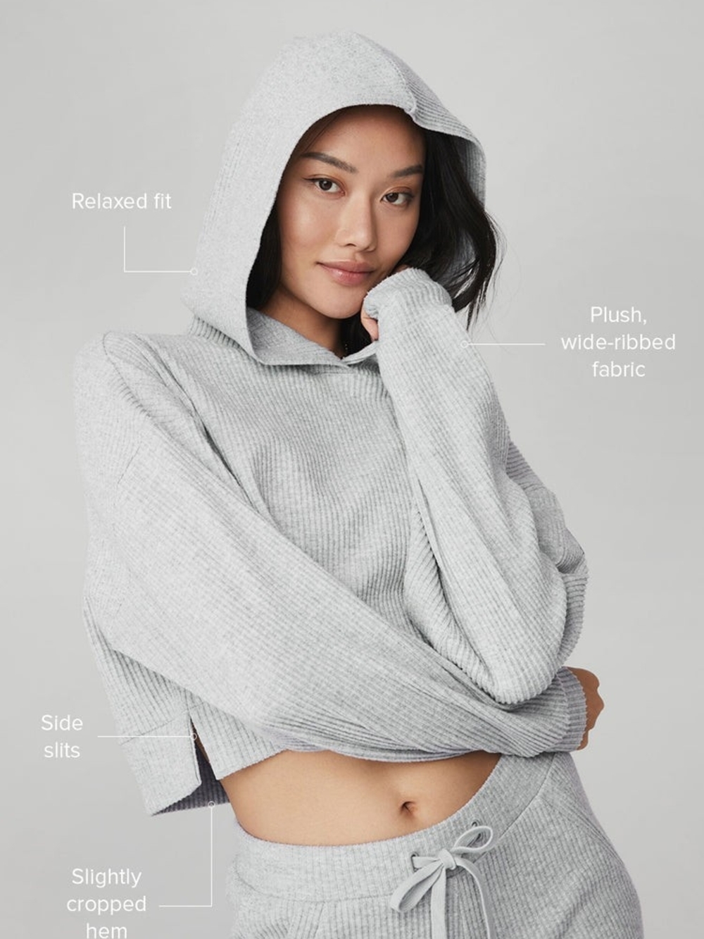 ALO Yoga Womens's Light Gray Ribbed Hooded Crop Sweatshirt - Picture 3 of 4